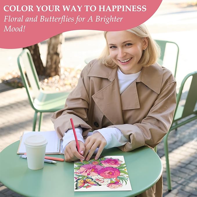 Coloring Book for Adults Relaxation, 24 Pages Adult Coloring Books for Women Stress Relief, Spiral Bound Coloring Books, Relaxing Gift for Women, Single-Sided Print Coloring Book of Fluttering Beauty