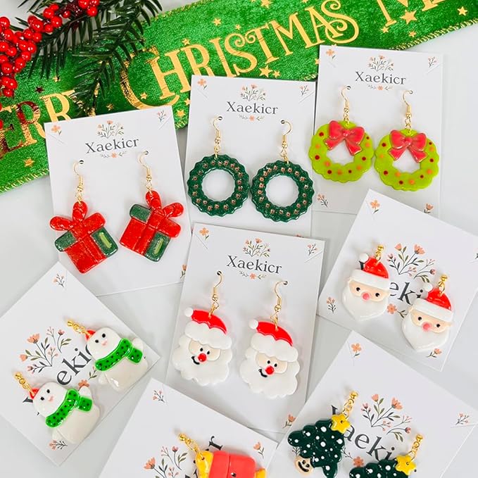 Xaekicr Christmas Polymer Clay Cutters Set – 8 Pcs Holiday Clay Earring Cutters for DIY Jewelry Making, Santa Tree Wreath Gifts – Clay Tools for Polymer Clay Molds Projects