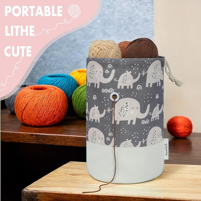 Small Crochet Bag Organizer, Drawstring Storage Knitting Bags, Portable Mini Elephant Yarn Holder for Crocheting Project, Store Skein Ball, Needles Accessories