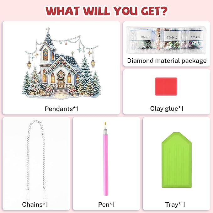 Bowetile Church Diamond Art Hanging Kits for Adults, Christmas Diamond Art Suncatchers, 5D Special Shape Diamond Painting Pendant Window Ornament Christmas Gifts for Home Door Wall Decor