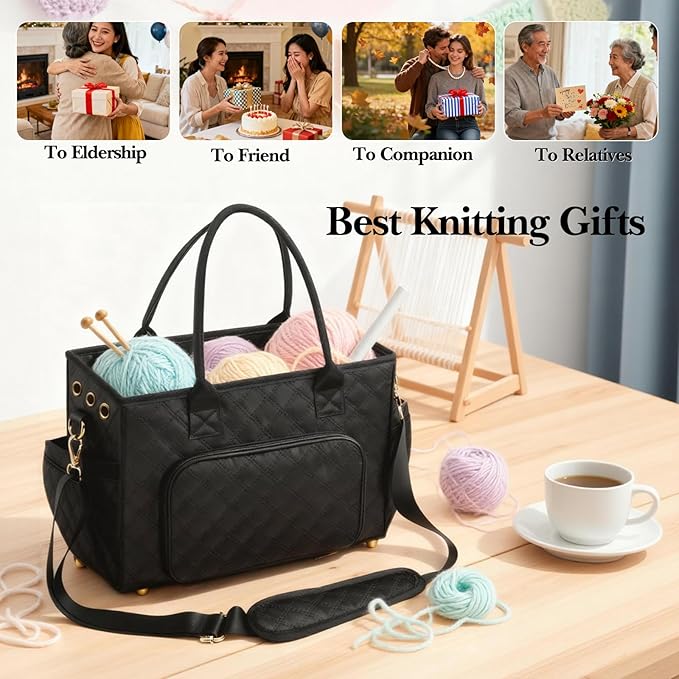 VERONLY Crochet Bag Yarn Storage, Large Knitting Tote with Padded Crochet Hook Organizer, Tote with Multiple Compartments for Crochet Lovers, Knitting Accessories, Unique Valentines Gifts for Her