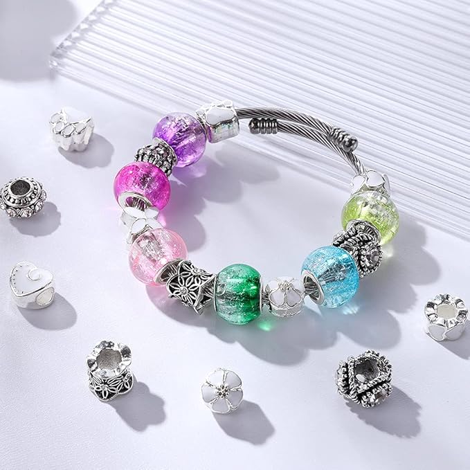 60 Pieces Assorted European Beads with Plating Silver Metal Alloy Rhinestone Large Hole Spacer Beads for DIY Charm Bracelet Jewelry Making (White)