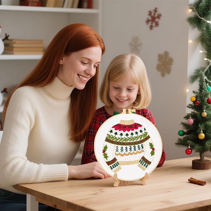 Crafmanoe Christmas Embroidery Kits for Beginners Embroidery Stitches Practice Kits for Adults, Christmas Cross Stitch Kits for Beginners Craft Kits, Embroidery Hoops, Fabric, Threads & Video Tutorial