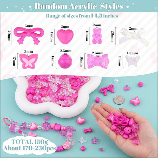 200-260pcs tinkrstuff assorted rose pink acrylic beads for bracelet making, cute beads for jewelry making flower bow butterfly gummybear aesthetic bracelet charms,diy necklace keychain phone charm