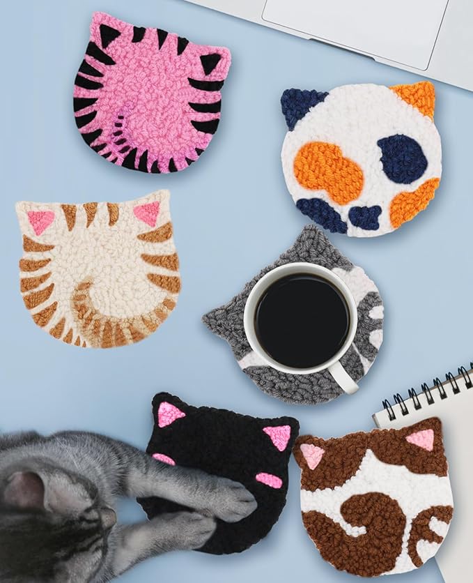AceList 6 Pcs Punch Needle Kit with Cat Pattern, Easy Punch Needle kit for Beginners and Adults, DIY Punch Needle Coaster Kit with Tools Tufting Cloth Hoop Yarns Hot Melt Glue Gun - Art Craft Gift