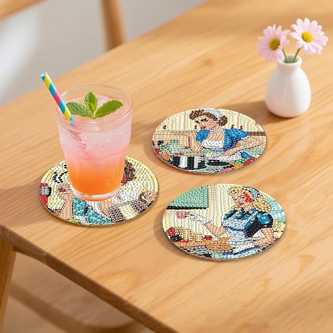 8 Pcs Retro Diamond Art Coaster Kits with Holder,Diamond Painting Coasters for Adults Beginners,Party Home Decor Abstract,Fun Gifts for Women