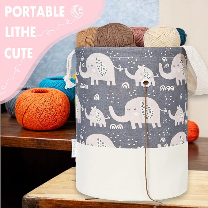 Yarn Bag, Small Crochet Bag Organizer, Drawstring Yarn Storage Knitting Bags, Portable Mini Yarn Holder for Crocheting Project, Store Skein Ball, Needles Accessories (Elephant Grey, Large)