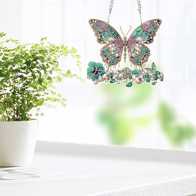 JZHYOAN Butterfly Diamond Art Hanging Kit DIY Hanging Diamonds Craft Ornament Diamond Painting Decorative Sign Wind Chimes with Diamonds Art Window Pendant Acrylic Pendants Crystal Arts Pendant