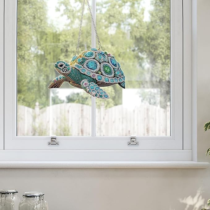 DIY Diamond Painting Sea Turtle Hanging Ornament Kit – 5D Crystal Turtle Wall Art Craft with Chain – Ocean Animal Rhinestone Suncatcher Decoration for Home Window Door Balcony Gift Idea