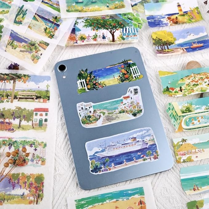 20 Sheets Diecut Summer Scenery Scrapbook Sticker Book for Scrapbooking, Dual Materials - PET and Washi Stickers for Journaling, Junk Journal Supplies, Collage, 4.5X 9.8 Inches