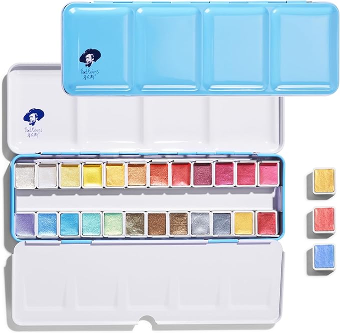 Paul Rubens Professional Metallic Watercolor Paints Set, Pearl Paint, Portable Metal Case with Palette, Set of 24 Half Pans, Art Supplies for Artists, Beginners, Hobbyists, Students
