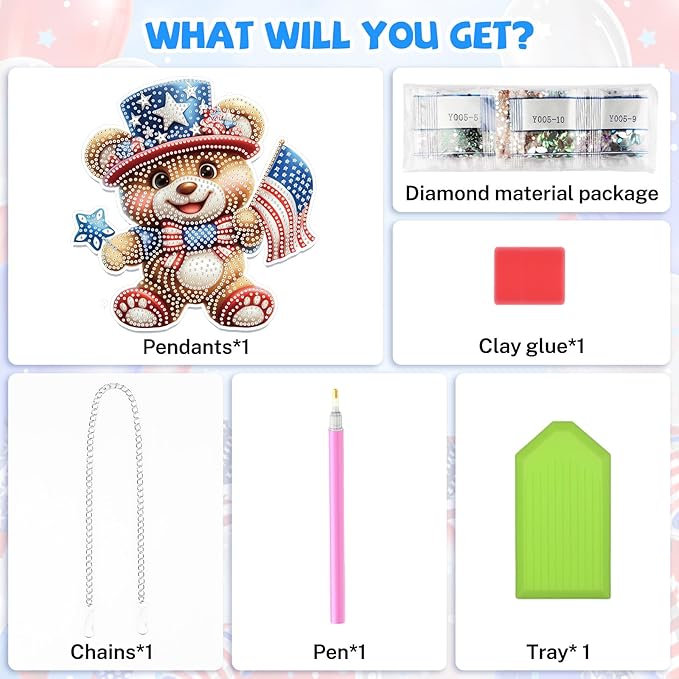 Bowetile Independence Day Bear 5D Diamond Art Hanging Kits for Adults, 4th of July Diamond Painting USA Window Pendant Kits, Special Shape Gem Art Suncatcher Ornament for Home Garden Wall Decor