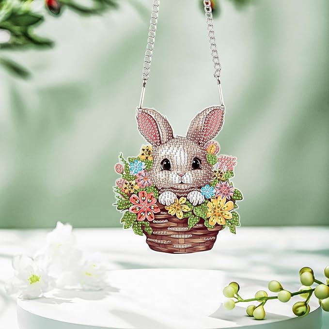 AiYuanzsh Rabbit Flower Basket Diamond Painting Hanging Kit, 5D DIY Acrylic Special Shaped Diamond Art Pendant Ornament with Chain for Wall, Door, or Garden Decor, Easter Diamond Art Kit for Adults