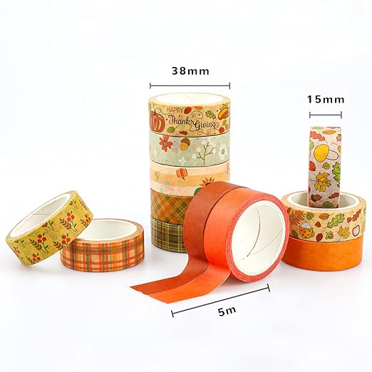 12 Rolls Fall Washi Tape Set for Bullet Journaling, DIY Crafts, Scrapbooking, Gift Wrapping Colorful Autumn Decoration Tape Grid Sunflower Maple Leaves Washi Tape
