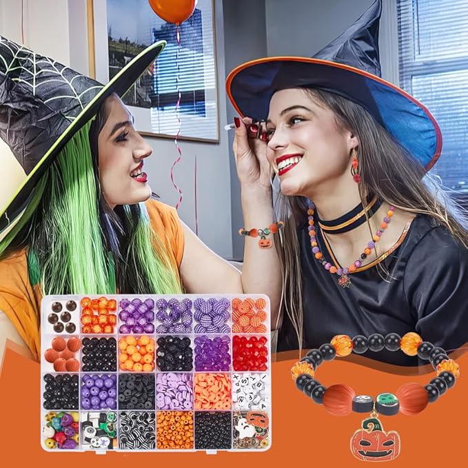 PH PandaHall Halloween Friendship Bracelet Kit, 1370+ Halloween Beads 24 Styles Orange Purple Acrylic Bead Skull Ghost Beads Charms Clay Heishi Bead for Jewelry Making Bracelet Necklace DIY Crafts