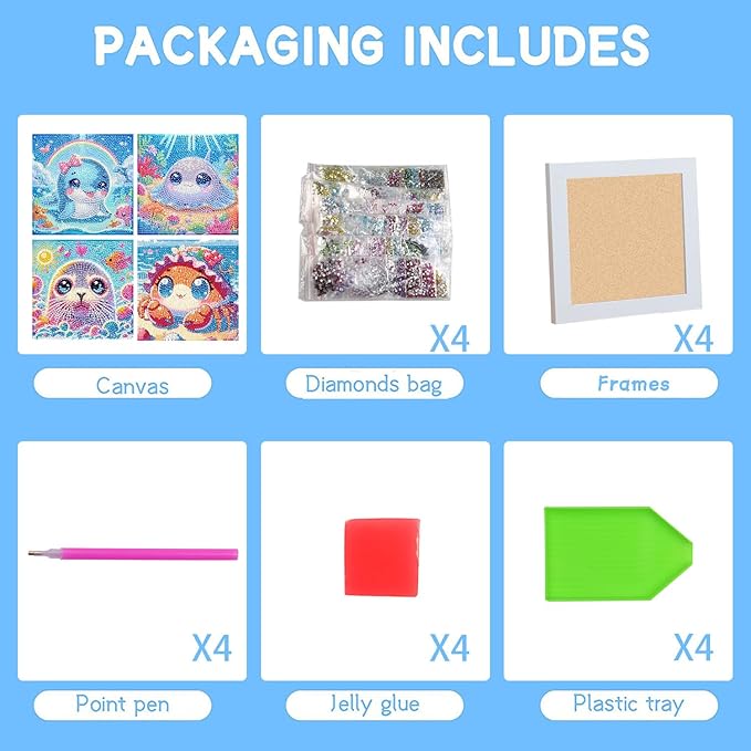 cdjlddww 4 Packs 5D Cartoon Diamond Art Kits for Adults, Cute Sea Animals Art Kit for Adults, DIY Full Round Drill Gem Art for Home Wall Decor Present 6X6 inch(Without Frame)