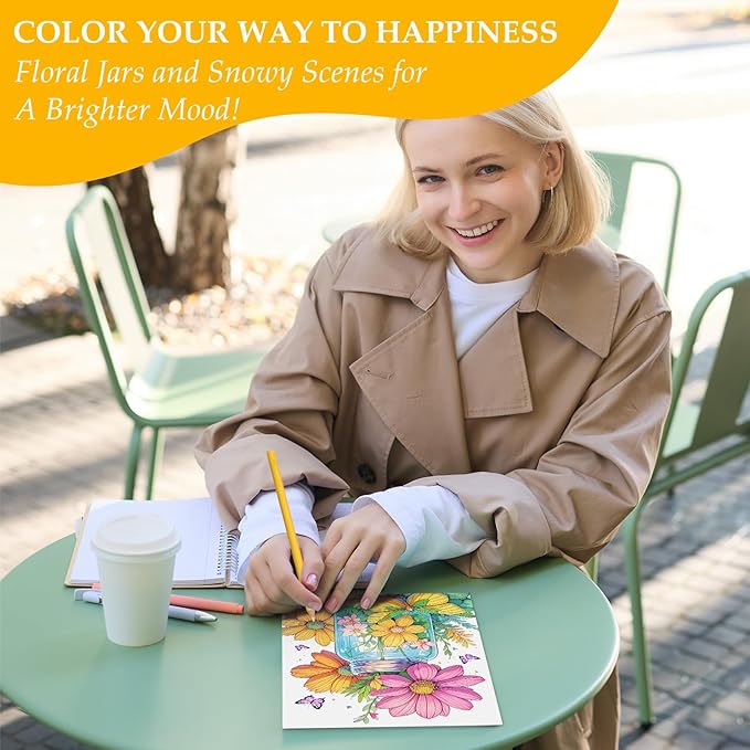Coloring Book for Adults Relaxation, 24 Pages Adult Coloring Books for Women Stress Relief, Spiral Bound Coloring Books, Relaxing Gift for Women, Single-Sided Print Coloring Book of Joyful Jars