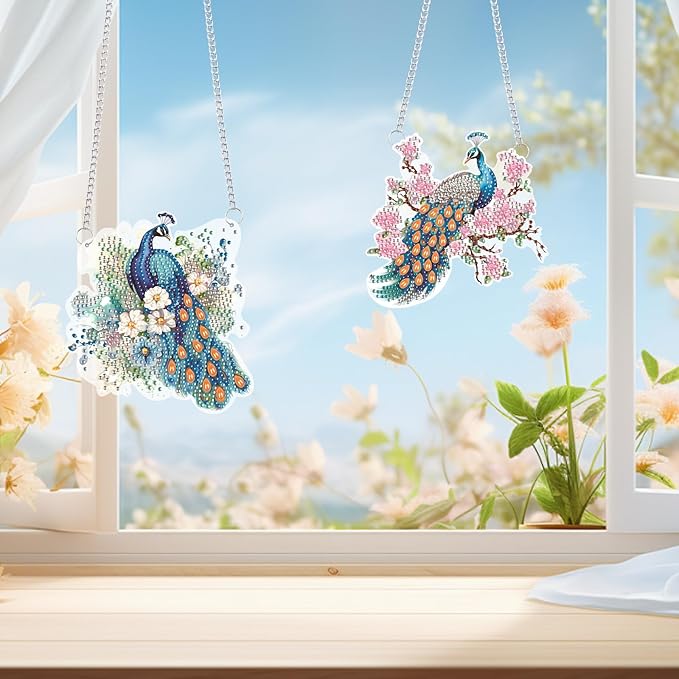 2 Pack Diamond Painting Peacock Hanging Ornaments – DIY Crystal Art Sun Catcher Kit for Window, Wall or Car – Elegant Decorative Gift for Women, Nature & Bird Lovers