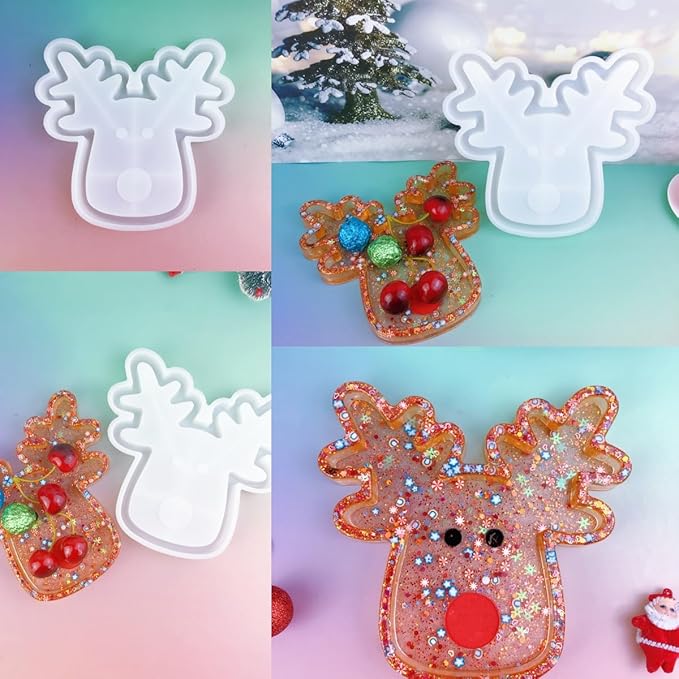 Christmas Reindeer Silicone Mold Resin kit, Epoxy Resin Tray Casting Molds with Glitter Design, Candy and Snack Plates, Jewelry Storage Tray Holiday Crafting Resin molds Silicone Clearance