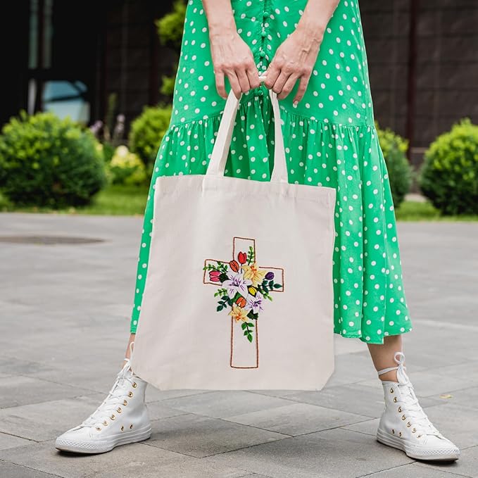 louise maelys cross lily embroidery kit canvas tote bag for beginners,cross stitch kits for adults,diy crafts needlepoint include easter jesus pattern,women shopping reusable grocery bags