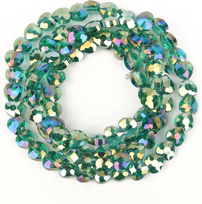 70pcs 8mm AB Dark Green Faceted Heart Beads for Jewelry Making Crystal Glass Beads for Bracelets Necklace Crafts, Friendship Bracelet Kit, Love Gifts