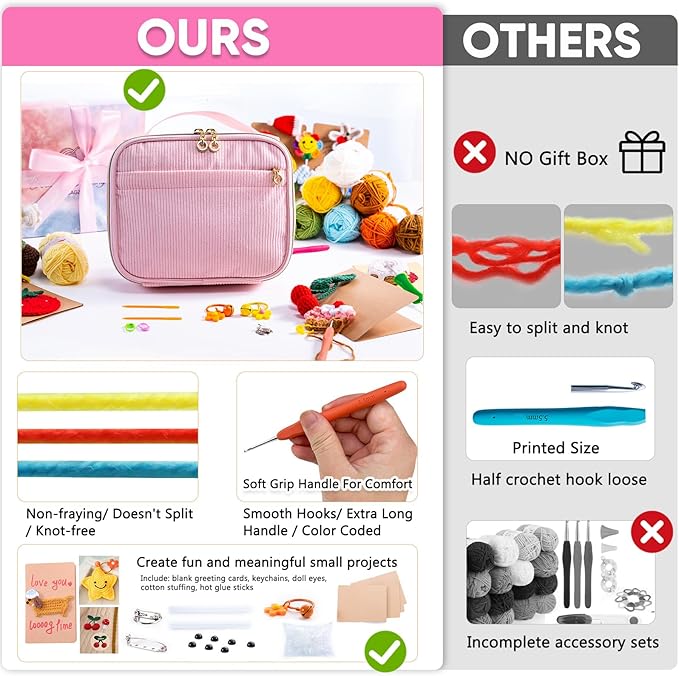 MYBAGZING Crochet Kit for Beginners, Complete Starter Set with Yarn, Ergonomic Crochet Hooks, Needles, Crochet Accessories and Suppliers for Crochet Beginner Projects, Knitting Kit for Adult