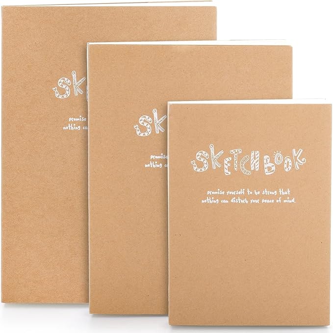 Elsjoy Set of 3 Kraft Sketchbook & Drawing Notebook, A5/A4/B5 Sketch Book Travel Journal Notebook with Thick Paper for Drawing & Sketching, 128 Sheets/256 Pages