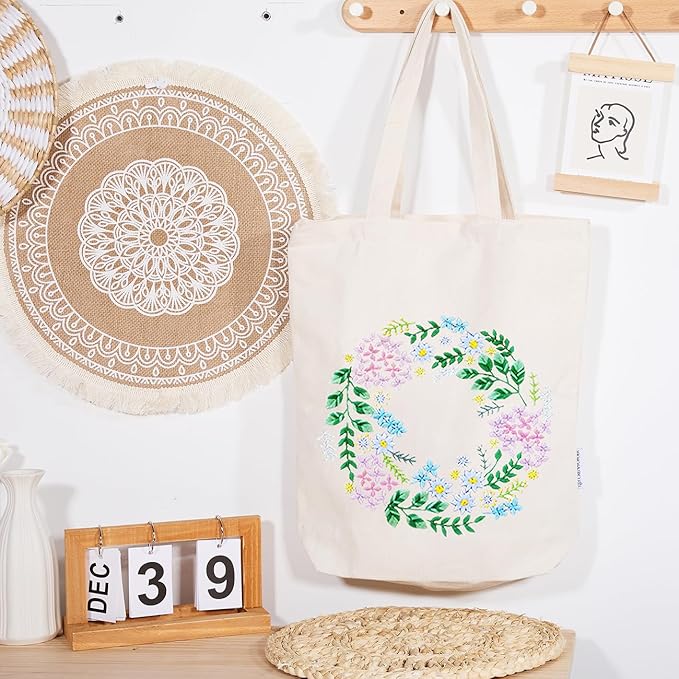 CREAWONDER Canvas Tote Bag Embroidery Kit with Pattern for Beginners, Arts and DIY Embroidery Crafts Kits for Adults, Include Instructions, Thimble, Embroidery Hoops, Color Threads and Tool