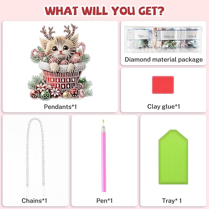 Bowetile Christmas Diamond Art Hanging Kits for Adults, Diamond Art Suncatchers Cat, 5D Special Shape Diamond Painting Pendant Window Ornament Christmas Gifts for Home Door Wall Decor