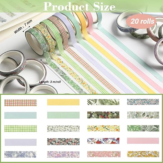 Washi Tape Set 20 Rolls Cute Vintage Washi Tape Decorative Tapes Adhesive Craft Washy Pattern Tapes for Scrapbooking Arts DIY Crafts Journal Planners Gift Wrapping Junk Journal Supplies, Natural