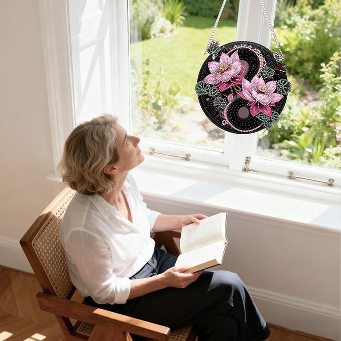 Lxmsja DIY Yin Yang Diamond Painting Hanging Ornament, Double-Sided Acrylic Lotus Flower Diamond Art Kit, Special Shaped Suncatcher Hanging Pendant Window Art Kit 8x8 inch