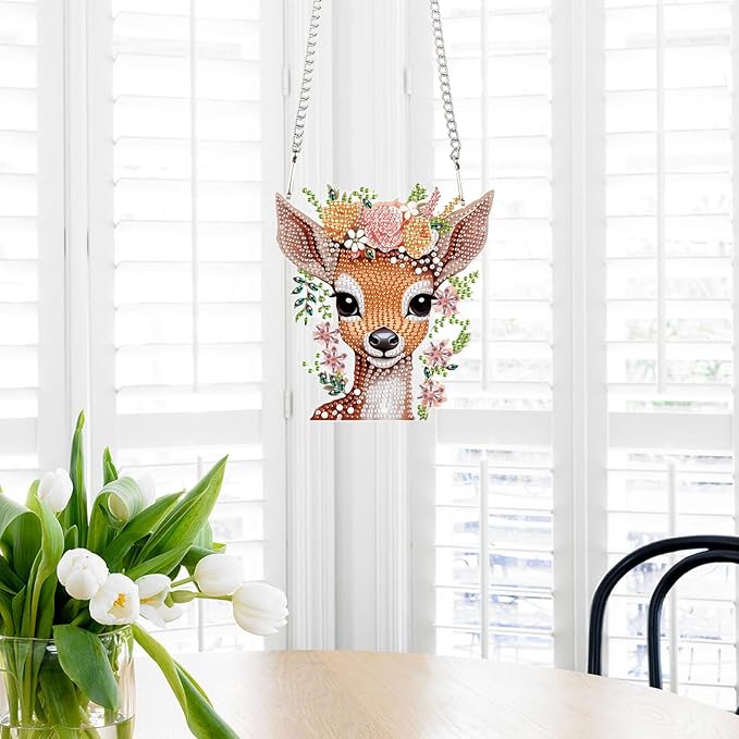 Deer Princess Diamond Painting Hanging Pendant Set – DIY Acrylic Gemstone Art Board Kit with Special Shaped Crystal Diamonds, Wall Door Decoration for Home, Cute Animal Theme Craft Gift for Adults