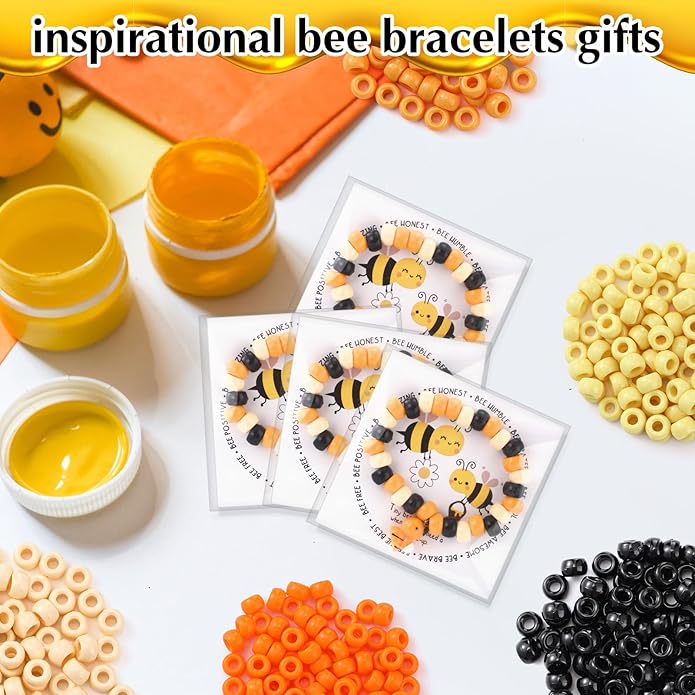 Highergo 50 Set Motivational Bee Themed Gifts Bee Bracelet Beads DIY Craft Kit with Inspirational Cards and Bags for Teacher Bee Party Favors