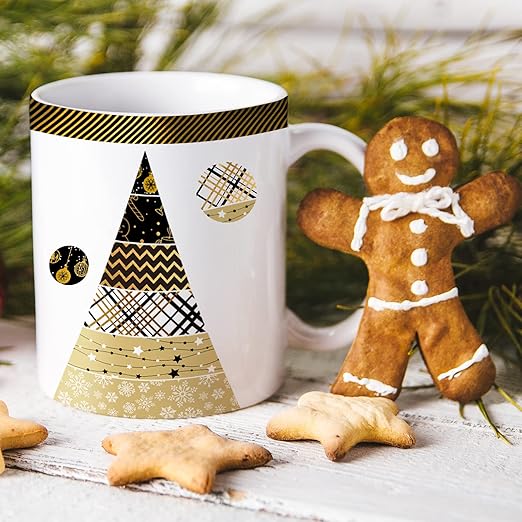 Whaline 12 Rolls Christmas Washi Tape Black Gold Xmas Washi Masking Tape Foil Gold Snowflake Xmas Tree Xmas Tree Ball Plaid Pattern Decorative Tape for Scrapbook Journal DIY Craft Gift Wrapping
