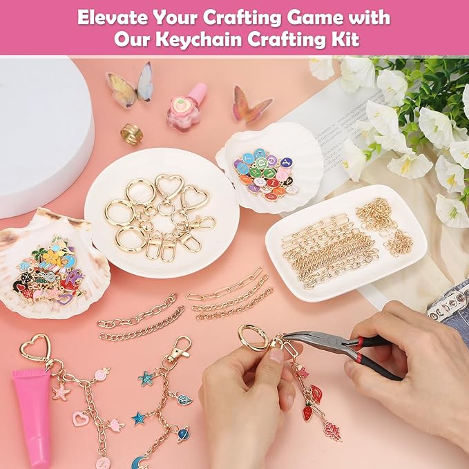 selizo 198Pcs Charms Lip Gloss Keychain Making Kit, DIY Craft Supplies with Charms, Key Chain Hooks, Jump Rings, Lobster Clasps, Chains & Tools, Jewelry Making Kit for Custom Keychains, Bags, Gifts