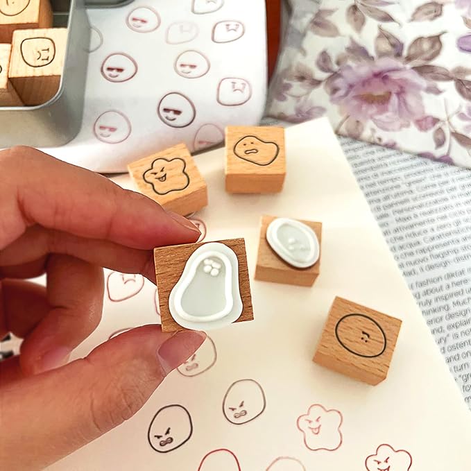 Mood Expression Wooden Rubber Stamps Kit - 12Pcs Emoticon Theme Stamps for Diary Planner, Scrapbooking, Card Making, Journal Decor and Bullet Journal