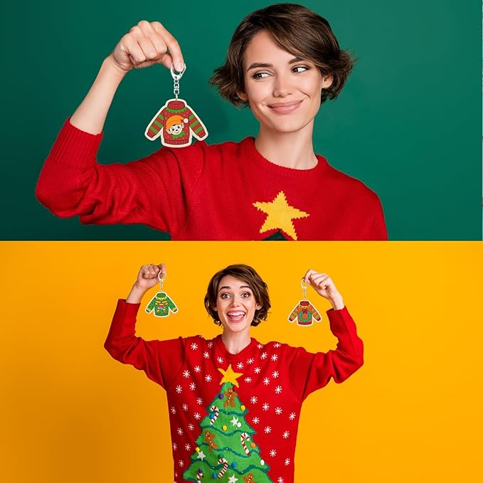 Trnayi 36 Pcs Christmas Ugly Sweater Crafts Unfinished Wooden Keychains Color Your Own Ugly Sweater Ornament DIY Blank Wood Painting Keychains for Adults Key Ring Art Pendant Xmas Tree Decor