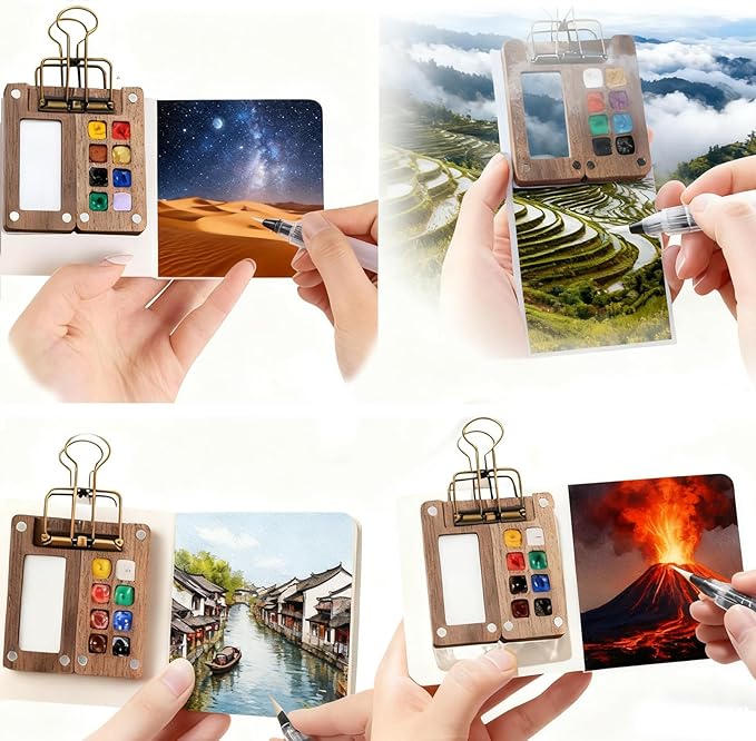 Mini Watercolor Paint Set Portable,Watercolor Palette, Travel Grid Paint Palette Box with Binder Clips Include 12 Colors Paint, Brush*3 and Picture Album Art Materials Coloring Markers (8 Grids)