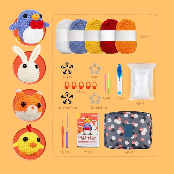coopay crochet kit for beginners: 4 in 1 crochet animal kit - penguin, chick, rabbit & fox, crochet set beginner crochet starter kit for adults, learn to crocheting knitting kit includes instructions
