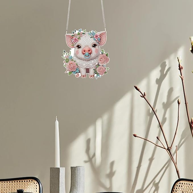 TDFERAN Diamond Painting Pendant DIY Flower Pig Diamond Art Ornament Kits Window Pendant, Diamonds Hanging, Diamant Suncatcher, Art Painting Hanging for Wall Home Decor