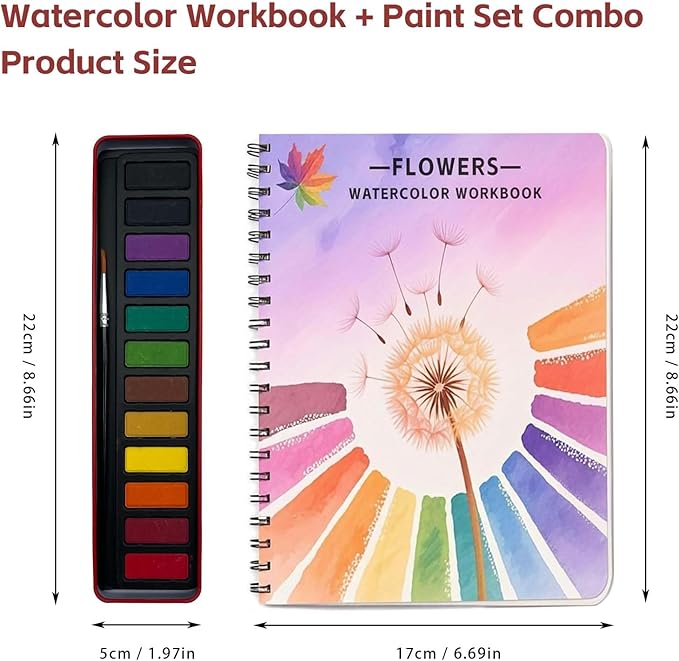 Watercolor Workbooks, Beginner Watercolor Painting Kit – 12 Colors Paint Set with Brush – Perfect for Gifting to Spark Creativity & Joy for Teens & Adults(Flower)