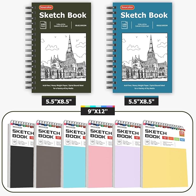 soucolor 5.5" x 8.5" sketchbook pack of 2, 200 sheets blank journal notebook, a5, spiral bound sketch pad drawing book acid-free paper (68lb/100gsm), painting sketching drawing notebook art supplies