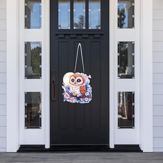 Lxmsja DIY Adorable Owl Diamond Painting Hanging Ornament, Double-Sided Acrylic Moon Flowers Diamond Art Kit, Special Shaped Suncatcher Hanging Pendant Window Art Kit 8x8 inch