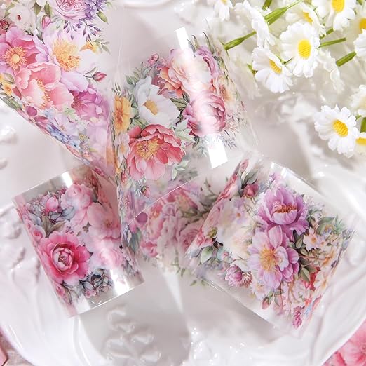 Floral Washi Tape Set, 6 Rolls Wide Aesthetic Decorative Flower Tape for Journaling, Scrapbooking, Bullet Journal, Junk Journal, DIY Crafts and Gift Wrapping (Floral)