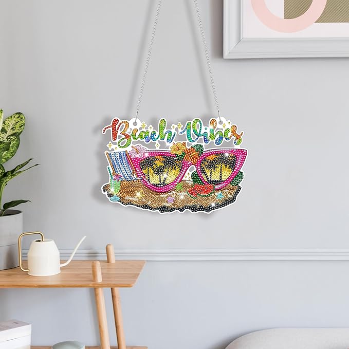 Burbell 3 Pcs Diamond Summer Beach Painting Kits Sunglasses Smoothie Diamond Art Hanging Ornament Sign DIY Painting Art Kits for Summer Adult Window Door Wall Decorations