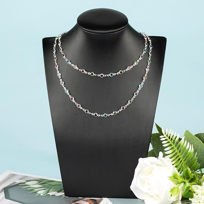 YOUBEIYEE 3 Yard Colorful Rhinestone Jewelry Chain for Jewelry Making Silver Plated Brass Chains Bulk with Jump Rings and Lobster Clasps