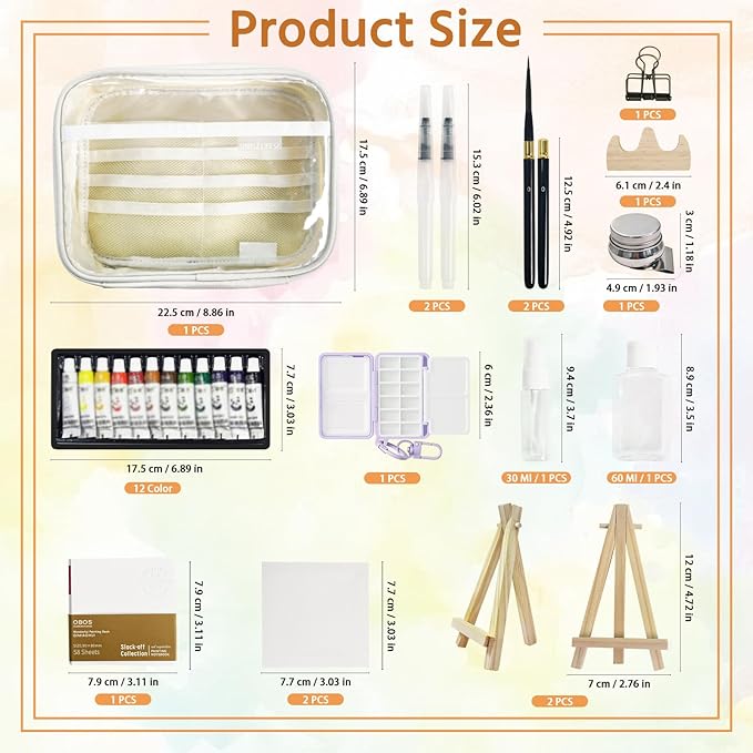 Mini Watercolor Travel Paint Set,22Pcs Artist Watercolor Palette Travel Set with Colors,Wooden Paint Box,Brush,Holder,Oil Cup,Bottles Storage Bag for Beginners Artists Student(12 Grids Purple)