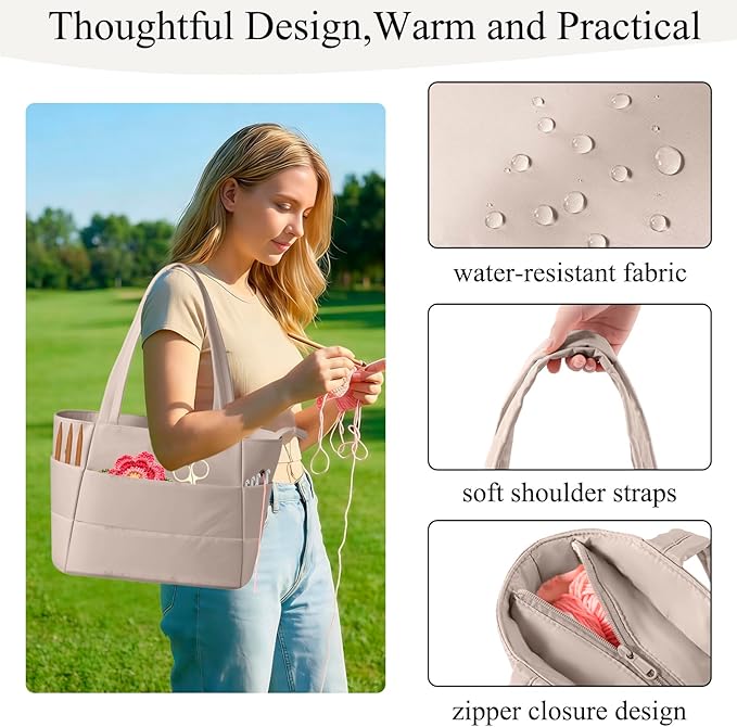 Crochet Bag for Yarn Storage, Puffer Knitting Bag with Soft Handles, Lightweight Yarn Storage Organizer with Zipper for Crochet Accessories, Gifts for Crocheters (Brown)