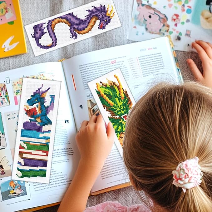 INFUNLY 6 Set DIY Cross Stitch Bookmark Kit Loong Cross Stitch Kits 8"x2.4" Pre-Printed Dragon Stamped Embroidery Bookmark Kit with Instructions for Beginners Book Lovers Adults Gift