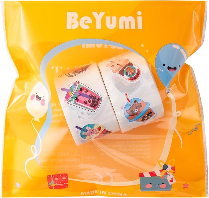 beyumi bubble tea sticker roll - 1000pcs boba stickers in 2 rolls waterproof vinyl drinks theme cute kawaii bubble tea decals gift laptop bottle scrapbooking luggage computer envelope decor for kids
